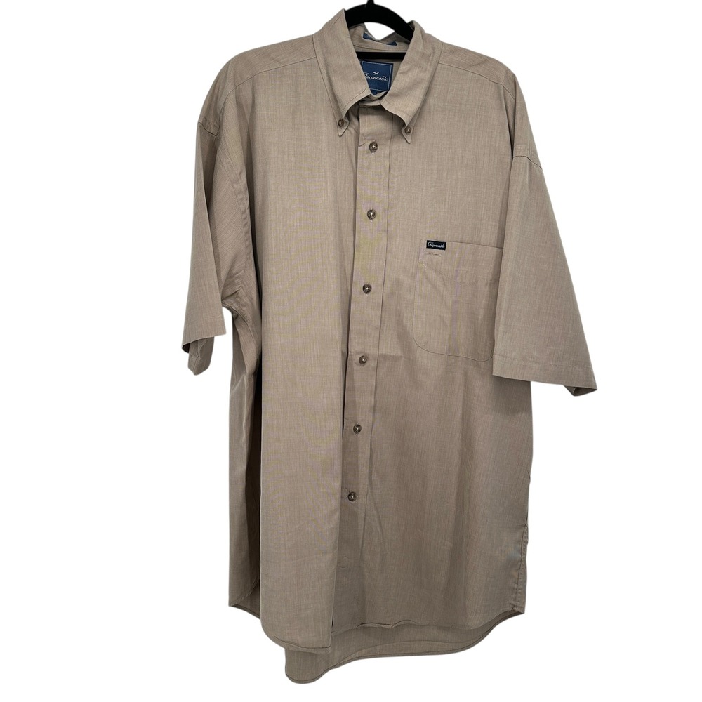Faconnable Mens Large Tan Khaki Short Sleeve Button Down Cotton Shirt USA Made